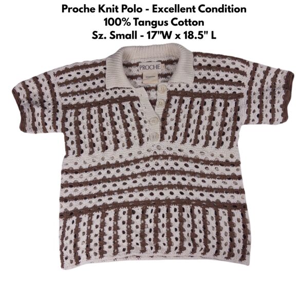 Proche Crochet Polo Top Small Brown Cream Striped Open Knit Short Sleeve Preppy - Picture 1 of 6